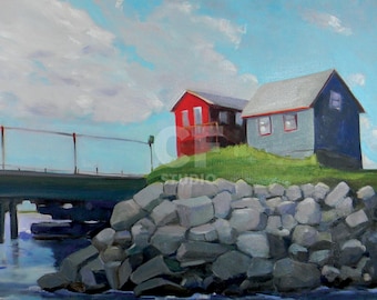 Fishing Spot Wells Harbor, Wells Maine, Abstract Landscape, Maine Art, Print, Painting, Fishing Village, Maine Seascape, Coastal Maine