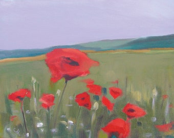 Meadow Poppies, Floral Abstract Landscape, Maine Art, Art Print, Oil Painting, Maine Landscape, Coastal Maine, Landscape Art, Flowers