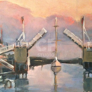 Perkins Cove Bridge, Abstract Landscape, Maine Art, Print, Art Cards Painting, Sailboat, Maine Seascape, Coastal Maine, Perkins Cove