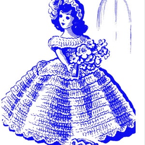 Puede incluir: Un patrón de ganchillo azul y blanco para un armario de novia para una muñeca de 20 cm. El patrón incluye un vestido con un borde de encaje y un velo.