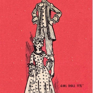 May include: Illustration of a boy doll in a long coat and breeches, and a girl doll in a long dress with a hat. The boy doll is 12 inches tall, and the girl doll is 11 1/2 inches tall. The background is red, and the image has the number 4767.