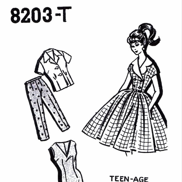 11 1/2" Fashion Doll Dress Pattern Mail Order 8203-T Dress Frock Jumper Pants Blouse