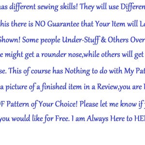 May include: Text on a white background in a blue font. The text discusses sewing skills, fabric variations, and the appearance of finished items. It also mentions a free PDF pattern for reviews and offers help.