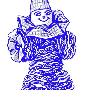 Puede incluir: Una ilustración azul y blanca de un payaso con un sombrero puntiagudo y un traje con volantes. La ilustración se titula "THE CLOWN" y tiene el número "5619" arriba.