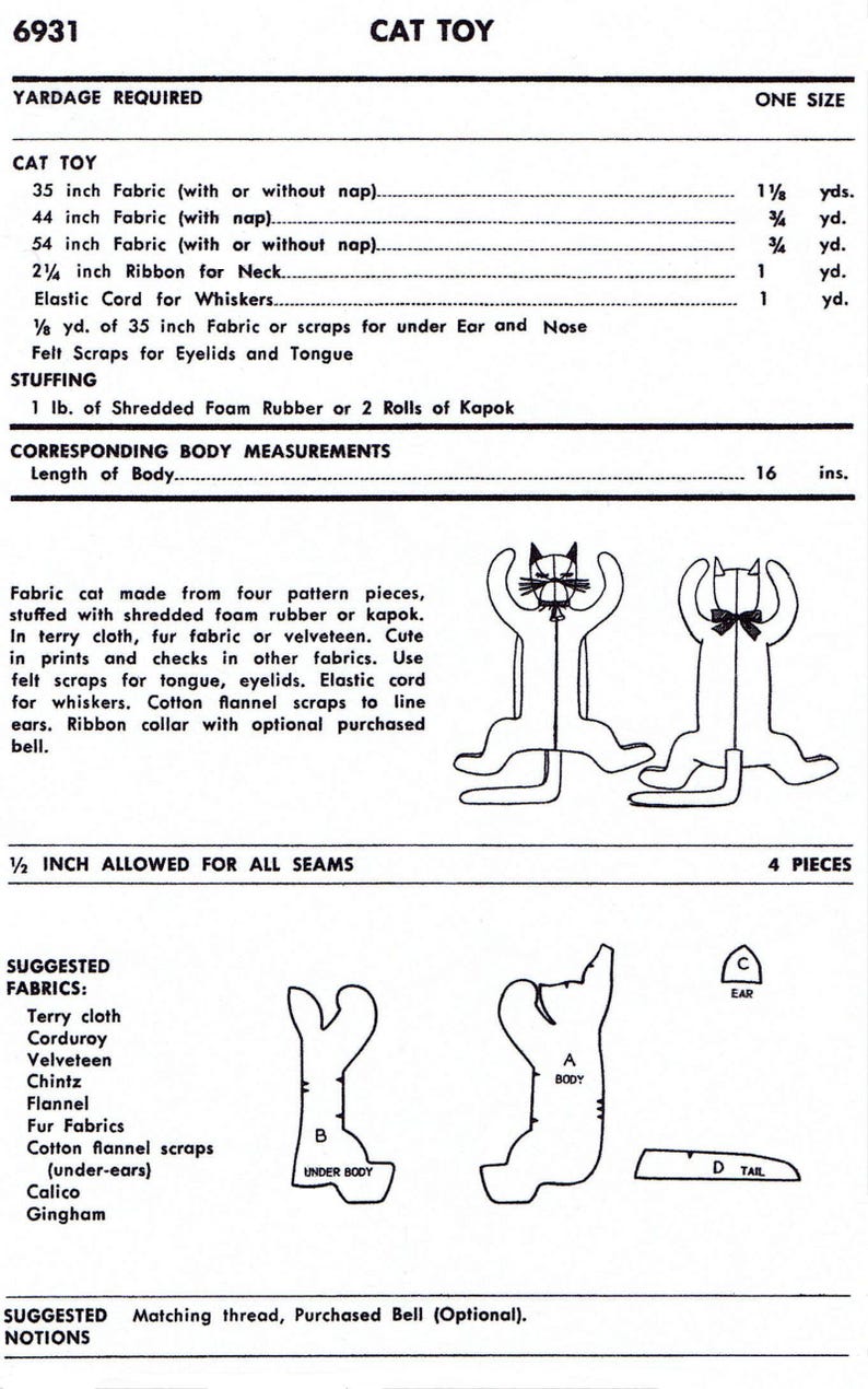 Sleeping CAT Sewing Pattern UNPRINTED Advance 6931 Toy Stuffed Animal / Pajama Bag Pdf LETTER image 4