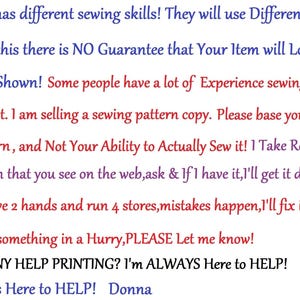 May include: Text on a white background in various colors, including blue and red. The text discusses sewing skills, fabric variations, and pattern copies. It also mentions taking requests and offering help with printing.