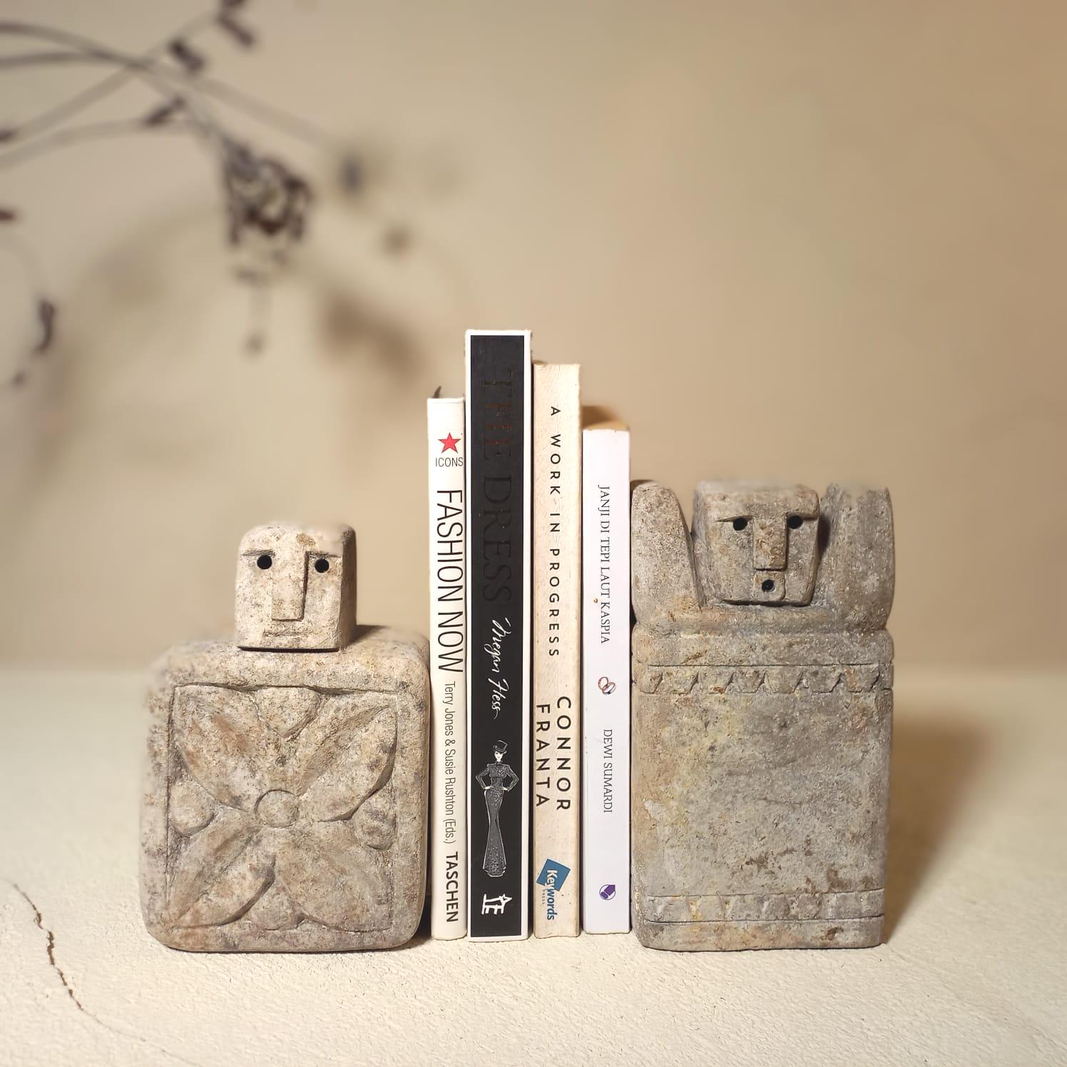 Hand-Carved Stone Bookends: Tribal Guardian Statues - Rustic Balinese Decor