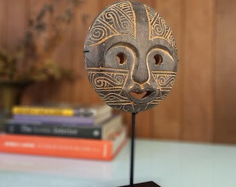 Hand Carved Wood Mask on Stand: Primitive Tribal Decor