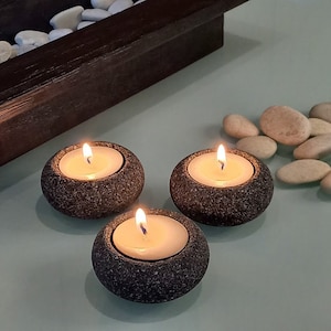 Zen Stone Candle Holder Set – 3 Tealight Holders in Wooden Tray with River Rocks – Spa & Meditation Decor -  unique Housewarming gift
