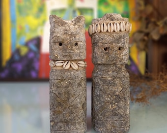 Handcrafted Stone Couple Sculpture: Tribal Cowrie Shell Decor