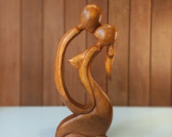 15" Wooden Handmade Abstract Kissing Couple Sculpture Statue Handcarved, Gift Art Decorative Home Decor Figurine Accent Artwork Wedding Gift