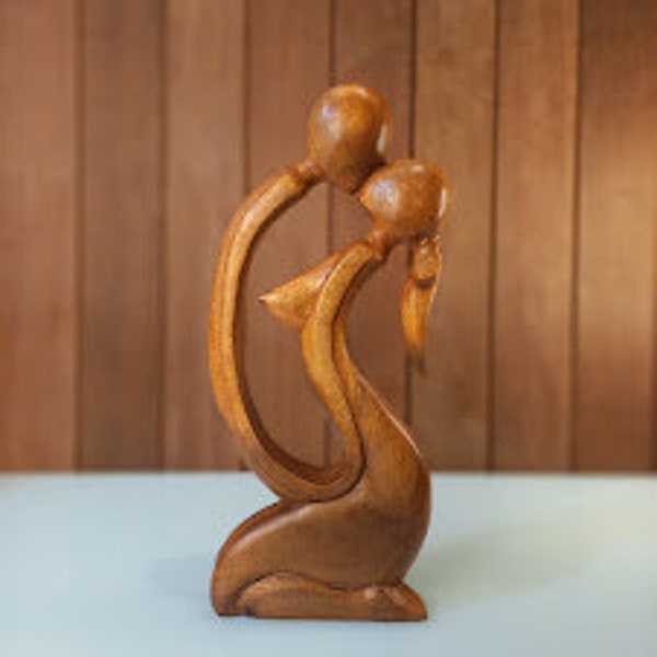 15" Wooden Handmade Abstract Kissing Couple Sculpture Statue Handcarved, Gift Art Decorative Home Decor Figurine Accent Artwork Wedding Gift