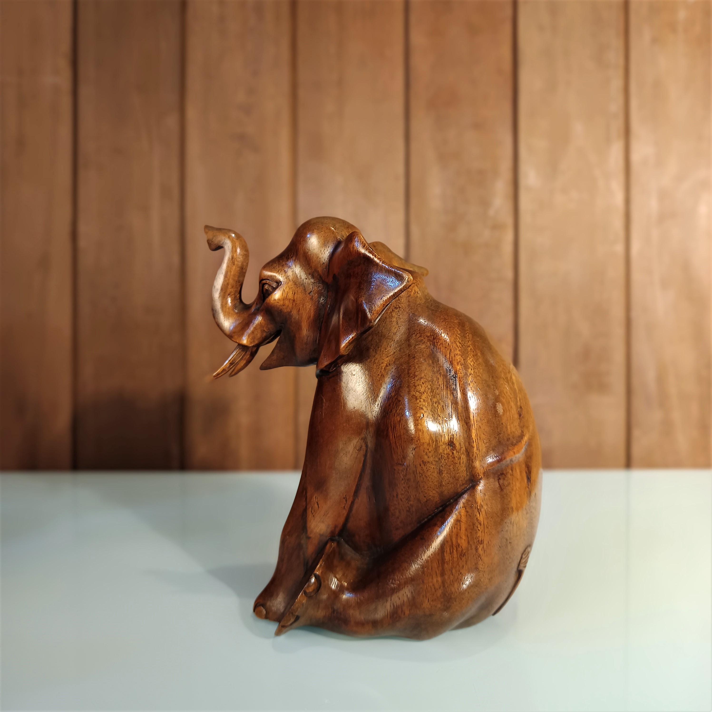 Hand Carved Wooden Elephant Statue – Sitting Elephant Figurine ...