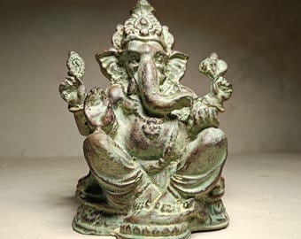 Hand-Painted Green Ganesh Statue: 6" Hindu Home Decor Sculpture