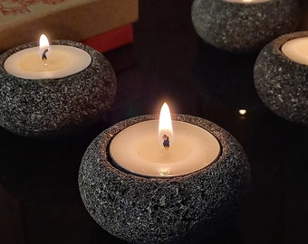 Zen Stone Tealight Holder Set: Black Lava & Beige Natural Stone, Handmade