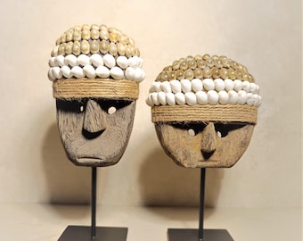 Hand-Carved Tribal Mask Sculpture: Boho Decor with Shells on Metal Stand