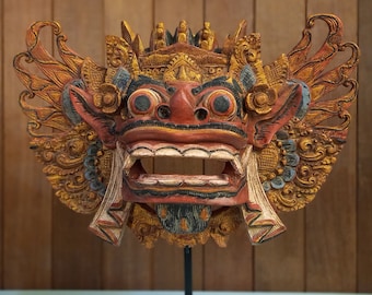 BALINESE Carved Wood Art Mask Barong Randa Indonesian Hand