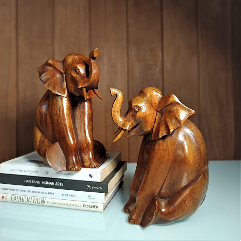 Hand Carved Wooden Elephant Statue – Sitting Elephant Figurine ...