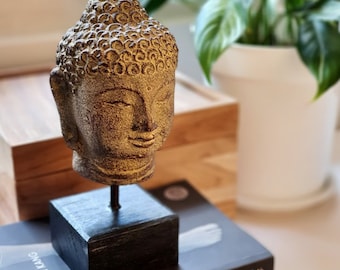Hand Carved Buddha Head Sculpture on Stand | Handmade Buddha Head Statue on Stand | Asian Buddha Sculpture