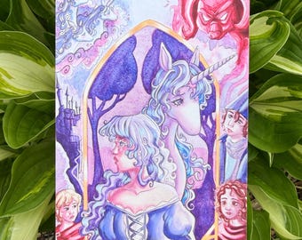 The Last Unicorn Fantasy Watercolor Art Print, 4x6 Matte (Print)