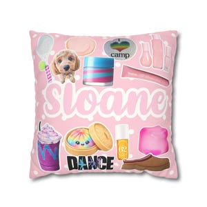 May include: A square pink pillow with white polka dots featuring the name Sloane in large white letters. Graphics include a puppy, tennis racket, lip gloss, skincare jars, a purple drink, a rainbow dumpling, a bottle, and a brown slipper.