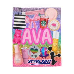 May include: A pink and rainbow glitter background with a pink circle with the name "AVA" in white letters. There are various images on the background including a pink bow, a Starbucks cup, a pink gummy bear, a pink and rainbow heart with the text "I love camp", a blue and pink ring with a diamond, a cheerleader, a pink and white striped shopping bag with the text "SEPHORA", a pink and white striped bottle, a pink and white striped tube of lip gloss, a pink and white striped cookie, a pink and white striped bottle of lotion, and a pink and white striped tumbler with the text "S'WELLY".
