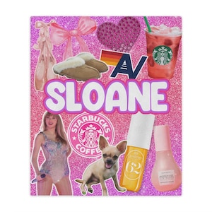 May include: A pink glitter background with various images including a Starbucks coffee cup, a chihuahua, a pair of slippers, a pink heart, a rainbow, a bottle of face serum, a bottle of face oil, a pair of ballet shoes, a pink bow, and the text "SLOANE".