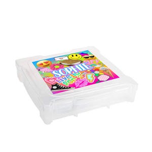 May include: A clear plastic storage box with a colorful design featuring the name "Sophie" and the phrase "Live to Pop 2". The design includes a smiley face, a heart, a lightning bolt, and other fun graphics.