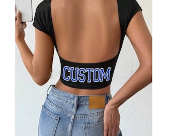 Custom College Open Back Crop Tee,  Bed Party Gift, Graduation Gift, College Merch, College Apparel, College Gifts, Custom College Merch