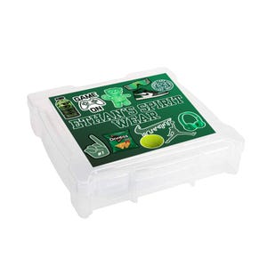 May include: A clear plastic storage box with a green and white graphic on the lid. The graphic includes the text "ETHAN'S SPIRIT WEAR" and various icons such as a tennis ball, headphones, and a bag of Doritos.