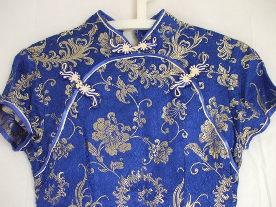 Cheongsam - Chinese Dress - Blue And Gold Satin Br