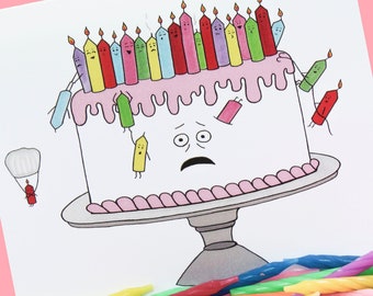 Overwhelmed Cake Card, Funny Birthday Gift, Cute Birthday Greeting Card