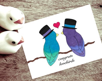 Gay Wedding Lovebirds Card, Cute Same Sex Wedding Gift, Two Grooms Wedding Greeting Card