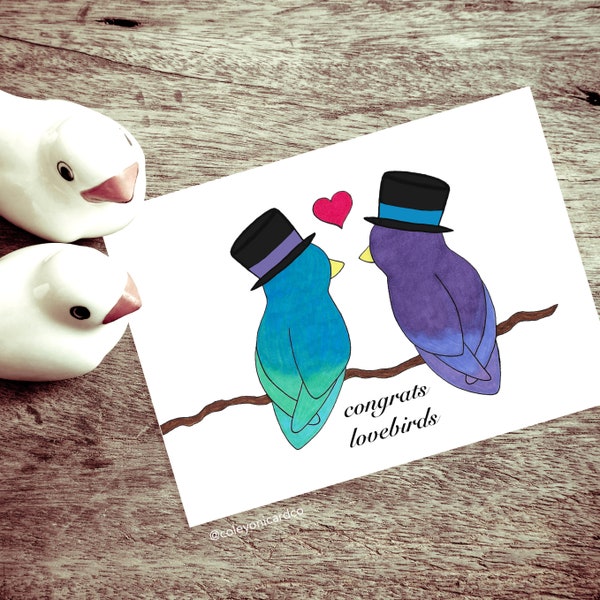 Gay Wedding Lovebirds Card, Cute Same Sex Wedding Gift, Two Grooms Wedding Greeting Card