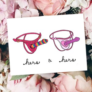 Hers & Hers Strap-on Karte, freches lesbisches Geschenk, lustiges LGBTQ Jahrestagsgeschenk, schwules Valentinsgeschenk, schmutzige Valentinskarte