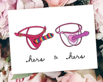 Hers & Hers Strap-on Card, Naughty Lesbian Gift, Funny LGBTQ Anniversary Gift, Gay Valentine Gift, Dirty Valentine Card