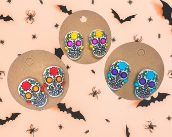 Colorful Dia De Los Muertos Sugar Skull stud earrings, Handmade earrings