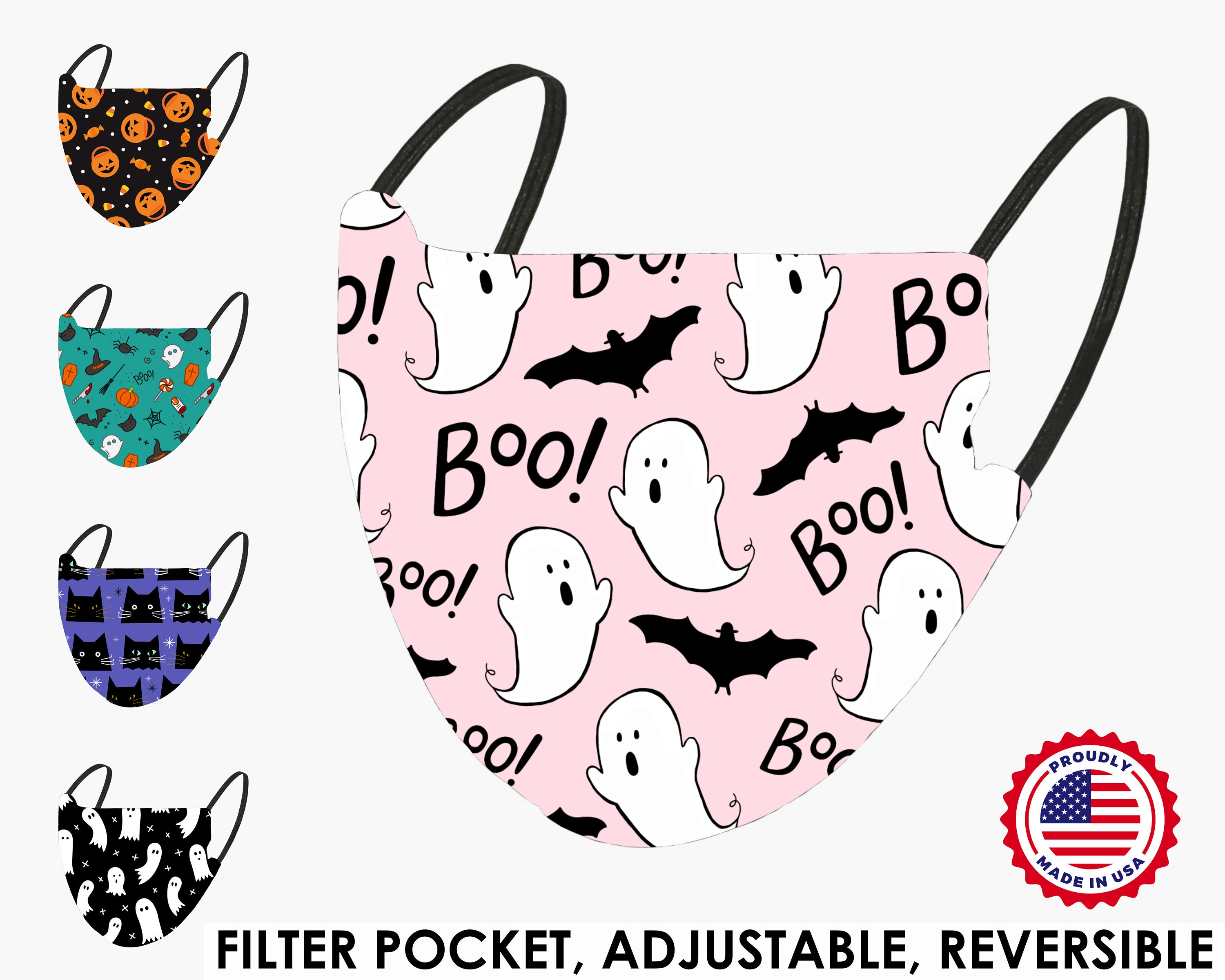 Halloween Ghosts and Bats Face Mask with Filter Pocket | Adult and Ki…