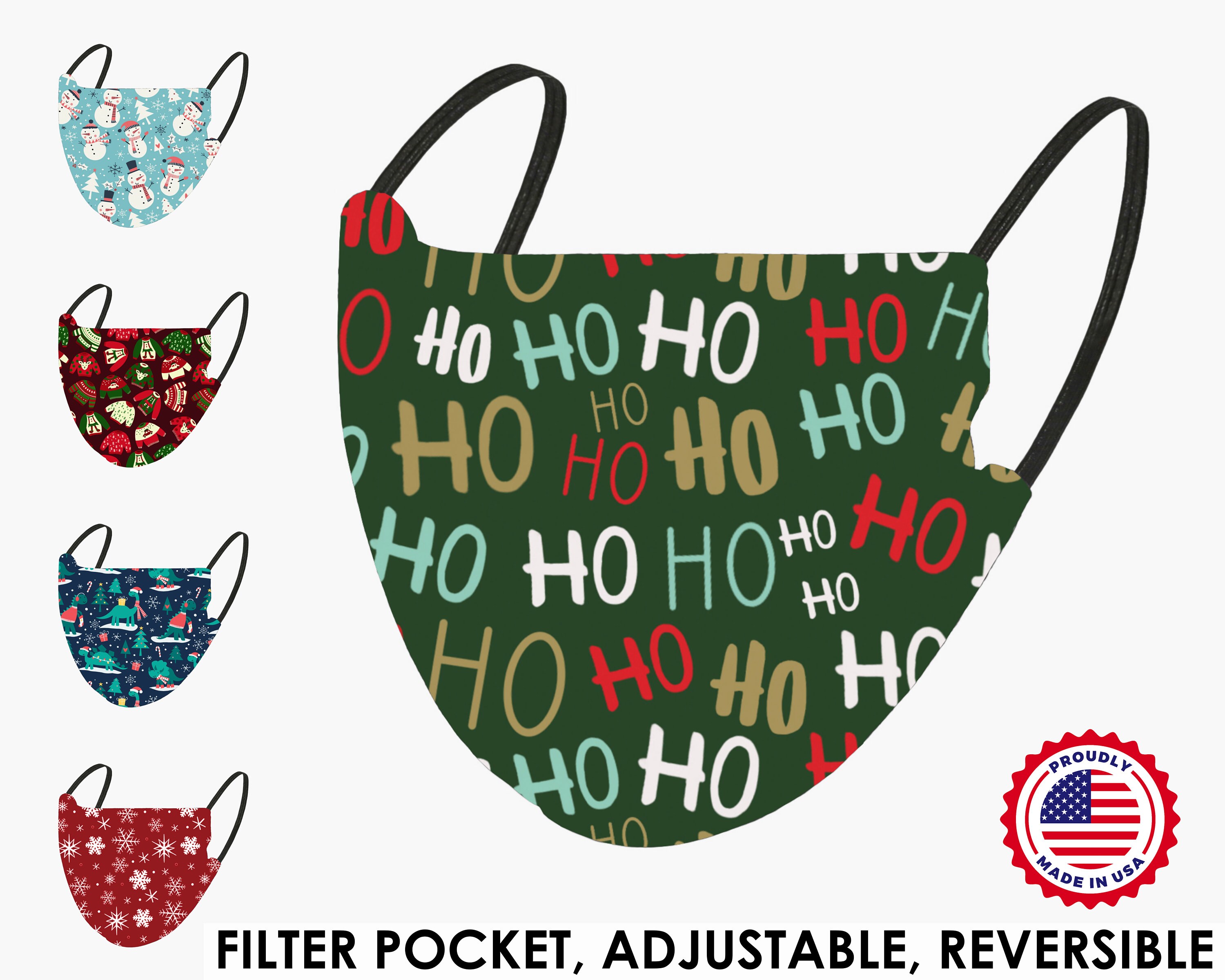 Ho Ho Ho Christmas Reversible Face Mask with Filter Pocket | Adult an…