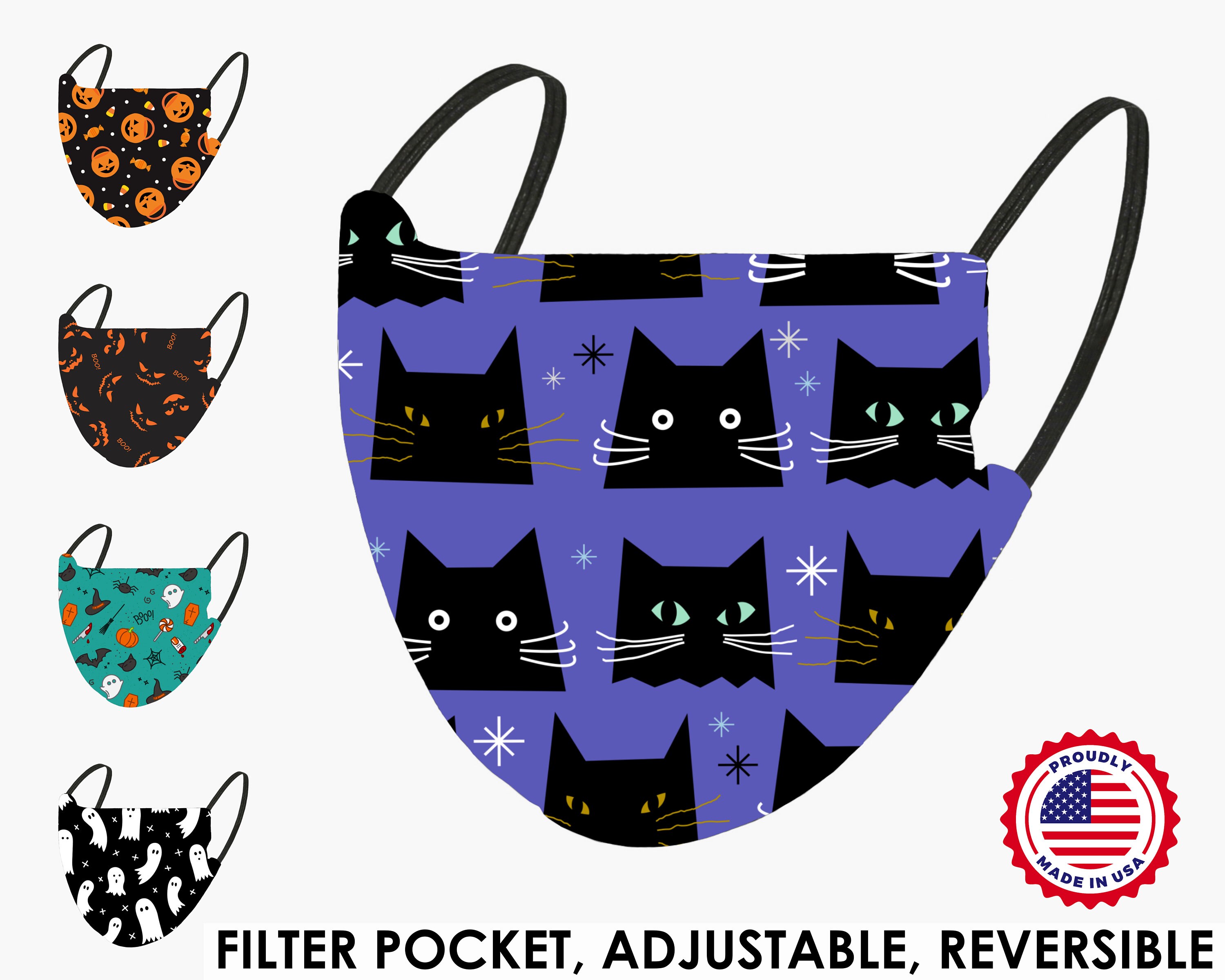 Halloween Black Cats Face Mask with Filter Pocket | Adult and Kids Si…