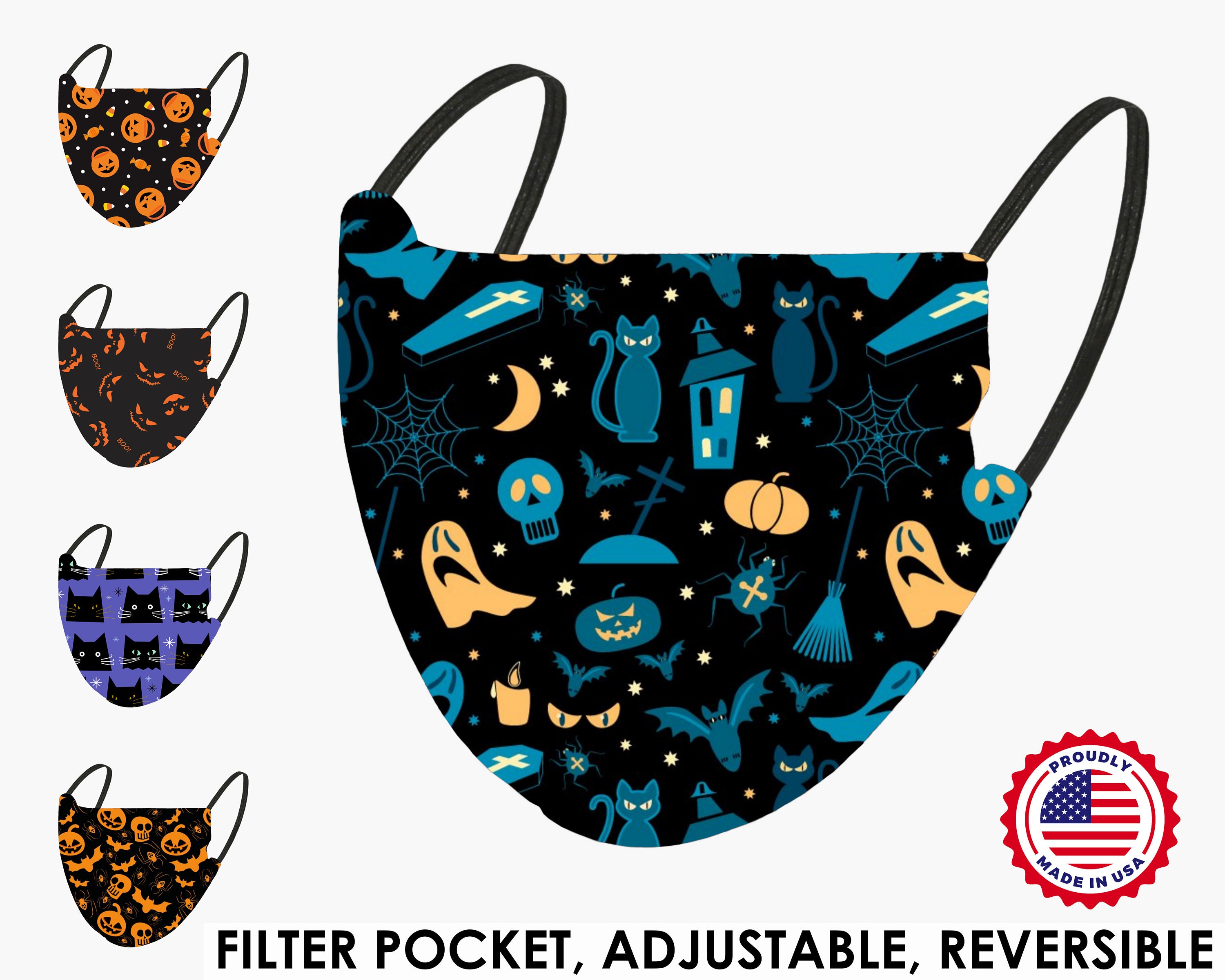 Halloween Face Mask with Filter Pocket | Adult and Kids Size | Revers…