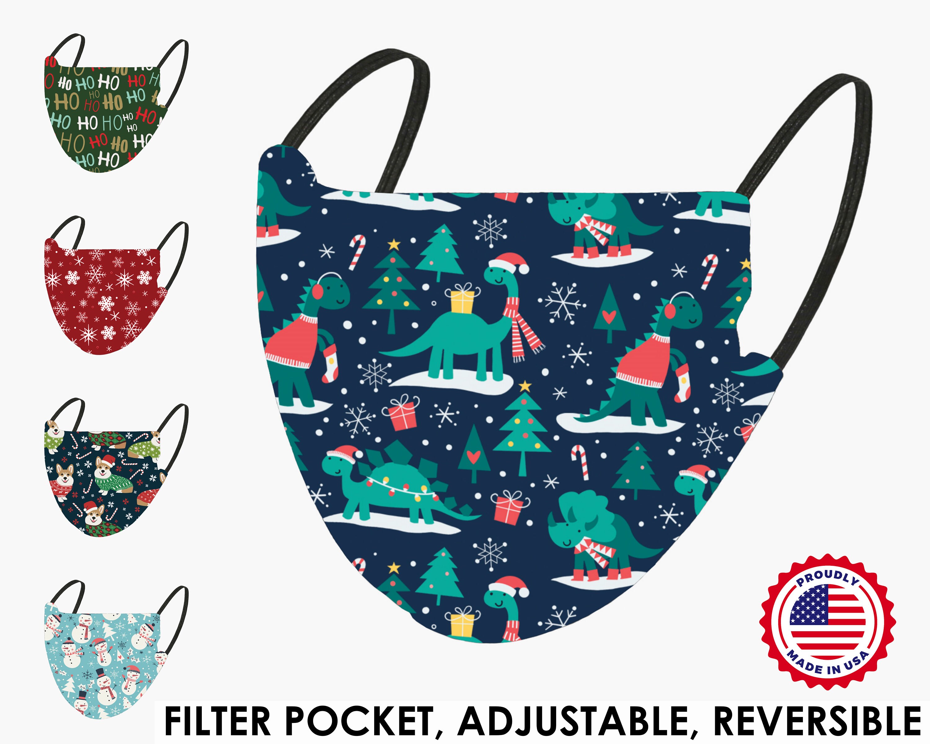 Dinosaur Christmas Reversible Face Mask with Filter Pocket | Adult an…