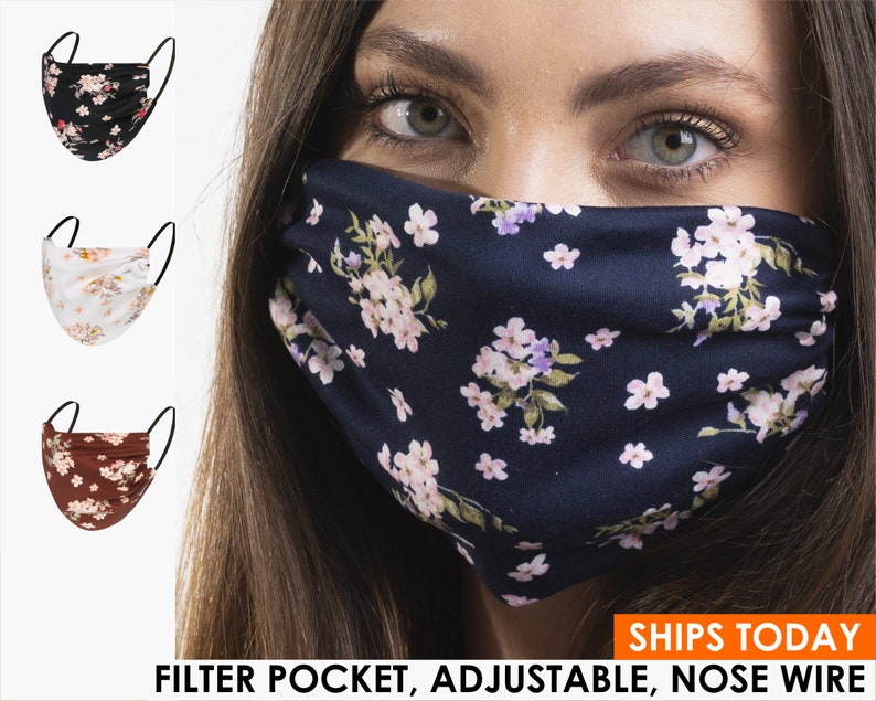 Navy Blossom Floral Face Mask Reusable Double Layered Etsy