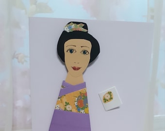 Kokeshi Paper Doll Card - Origami Kimono Bookmark