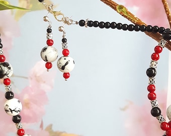 Asian Inspired Ceramic Bead Jewelry Set, Red Black White