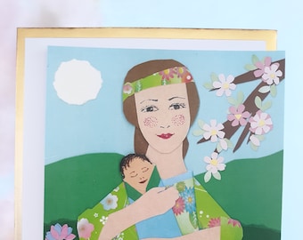 Origami Papiercollage Babymitteilungskarte: Mutter & Kind