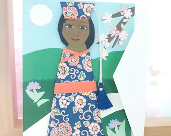 Kokeshi Bookmark Card: Origami Paper Kimono (5x7 inch)