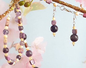 Amethyst Jewelry Set, Jasper Beads, Beige Shell Beads