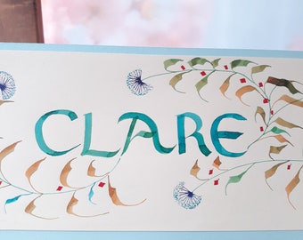 Handmade Watercolor Calligraphy Name Tag, Personalized Floral Art