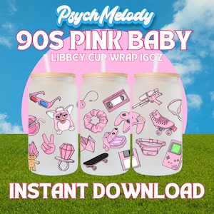 Descarga digital PNG UVDTF rosa de los 90, envoltura para vaso de vidrio Libbey de 16 oz, sublimación, calcomanía de transferencia, arte de los 90, archivo de envoltura para vaso, descarga instantánea